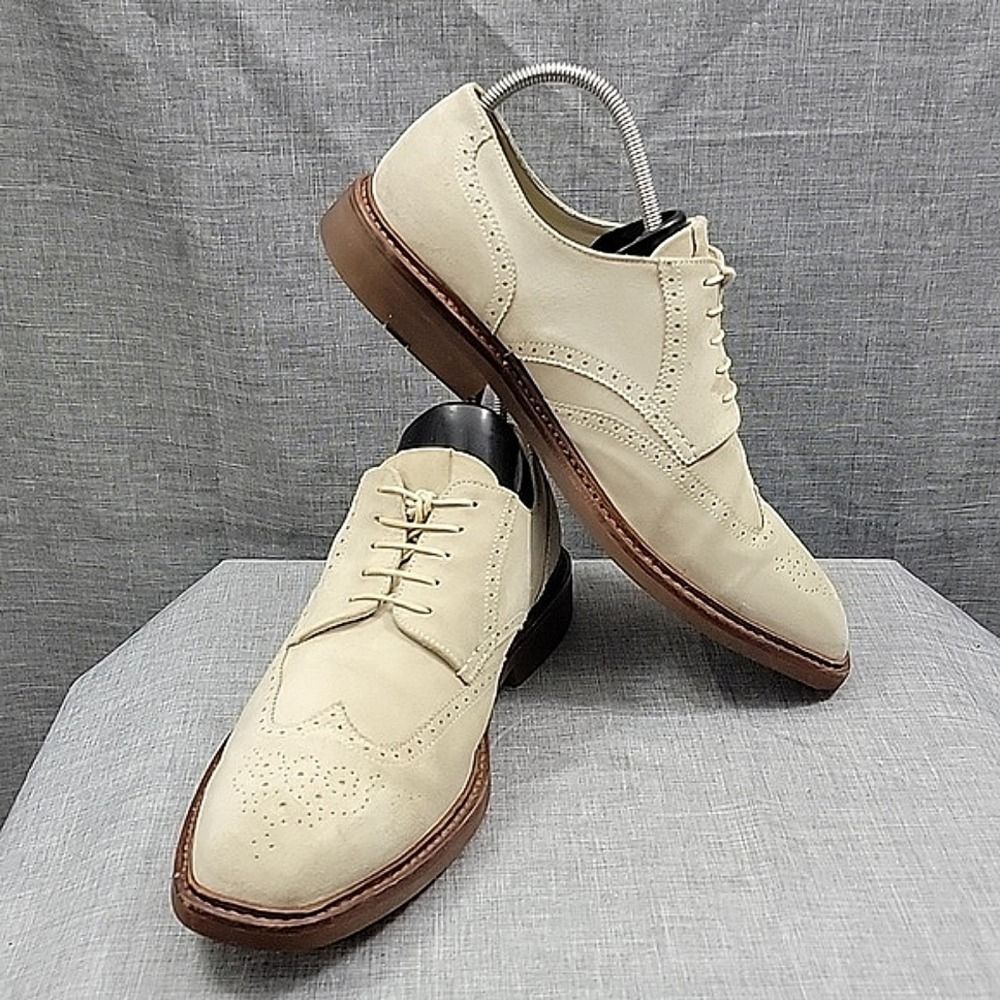 Heschung French Suede Wingtip Derby Shoes Cream Off White Men’s Size 10.5